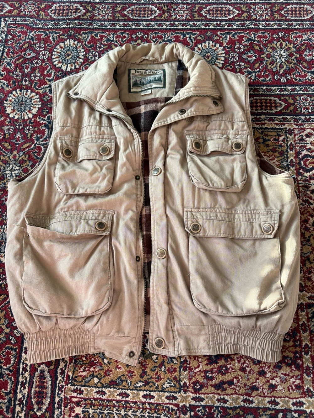Field and Stream Flannel Quilted Hunting Vest Khaki Size Medium, Vintage, EUC